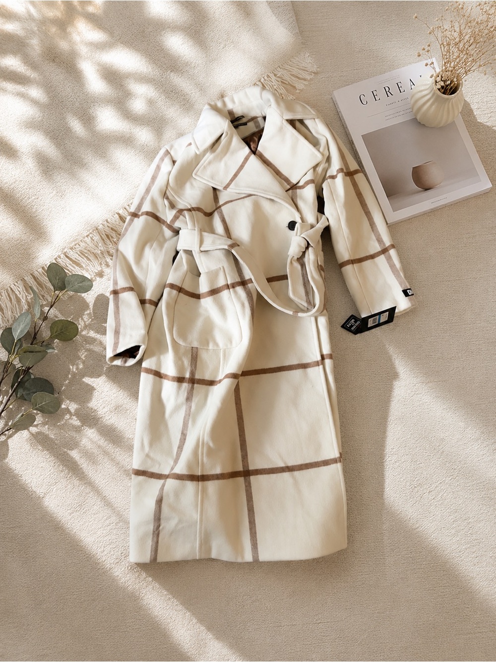 Dkny Cream Trench Coat with Brown Windowpane